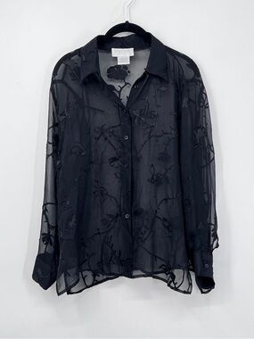 Silk Club Collection Vintage 1990’s Sheer Black Floral Button-Up Blouse P Large